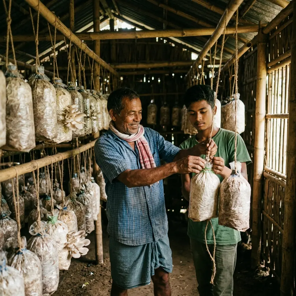 Mentor with a student inside a mushroom growing unit
